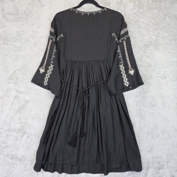 Greylin Dress Womens Medium Black Embroidered Boho Bell Sleeve Midi Fit & Flare - Picture 2 of 9